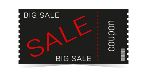 Discount voucher and sale coupon template layout. Text on a black background. Black and red design. Coupon with a big discount. Simple design. Isolated vector illustration.