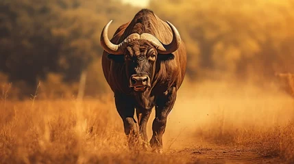 Foto op Aluminium Big old Cape Buffalo Bull on savanna at sunset view nature background. AI generated image © prastiwi