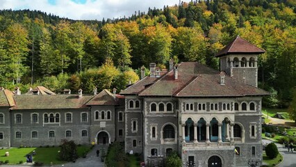 Aerial view of Cantacuzino Castle in Busteni, Romania. This is a very popular castle in Romania. Travels through Transylvania.