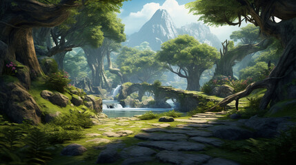 Fantasy natural environment. Fantasy landscape. Illustration of a colorful scene. generative ai