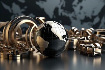 Metal products with earth globe. Trade concept, 3D design. Generative AI