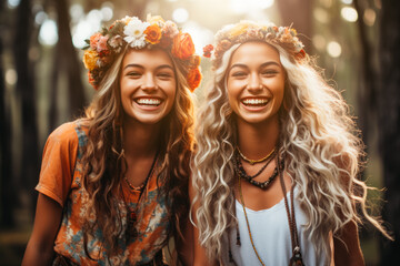 Fototapeta premium Individual portraits of people dressed in hippie fashion, with flower crowns, round sunglasses, and bell-bottom jeans, showcasing their unique style. Generative Ai