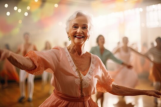 An elderly, happy lady is having fun in a dancing lesson.
