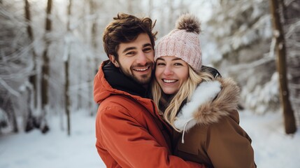 Obraz premium Beautiful young couple walking in a winter park, snow, happiness, romance. Generation AI