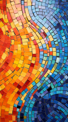 A vibrant mosaic artwork featuring a sun motif