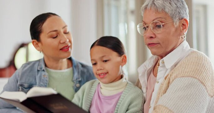 Grandmother, children and reading bible, home religion and christian education with girl, grandmother and parent. Senior woman, family and kid with holy book, learning gospel or scripture of god