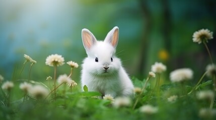 Naklejka na ściany i meble Beautiful white fluffy rabbit in green grass blurred background. AI generated image