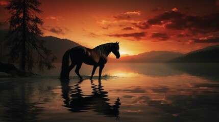 horse run on sunset background

