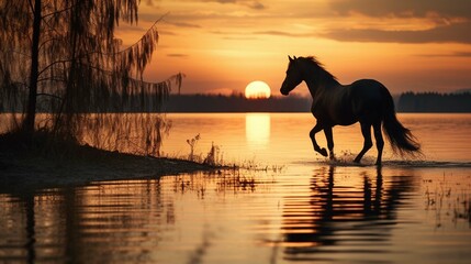 Obraz na płótnie Canvas horse run on sunset background 