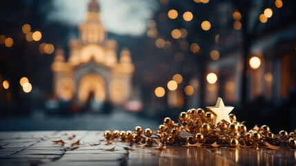 golden shiny new year decorations, gifts on the background of the winter city, place for text, birth, festive, holiday, eve, postcard, congratulations, gold, decor, street