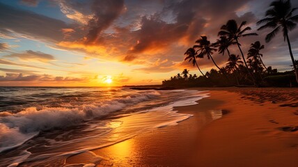 Beautiful beach at sunset with waves and palm trees.