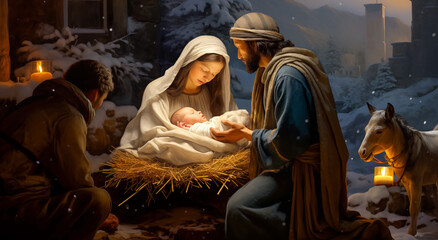 Nativity scene with Mary, Joseph and baby Jesus, birth of  Christ child. Live Christmas nativity scene in an old barn - obrazy, fototapety, plakaty