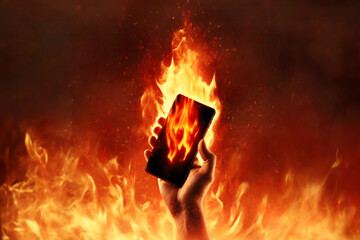 Flaming demon cell phone melting into a human hand.