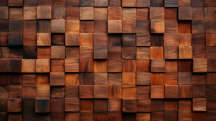 An abstract pattern of square wooden tiles on a wall