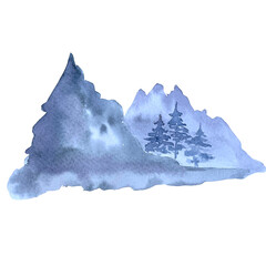 Mountains and spruces. Hand drawn in watercolors. Blur, fog. Blue winter landscape. isolated on white background. Used as a background for cards, Christmas designs, calendars, diaries, posters.