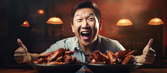 Asian man enjoying BBQ chicken wings at a restaurant - obrazy, fototapety, plakaty