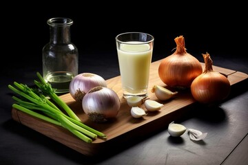 A glass of white onion juice and its ingredients on a cutting board against a gray background. Generative AI