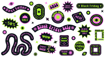Black friday sale patches, labels, tags, stickers in groovy retro funky style	
