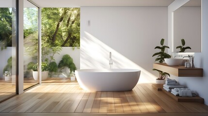 Fototapeta na wymiar Modern white bathroom, wooden floor and glass walls, Generative AI.