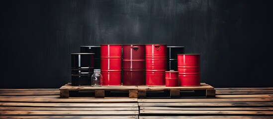 A warehouse stores and transports red drums and metal barrels for chemicals and oil products - obrazy, fototapety, plakaty
