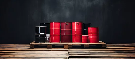 Fotobehang A warehouse stores and transports red drums and metal barrels for chemicals and oil products © AkuAku