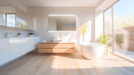 Fototapeta na wymiar Modern Bathroom with White Bathtub and Sink, Generative AI.