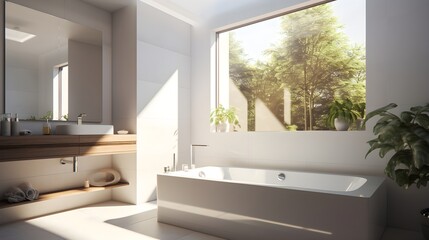 Fototapeta na wymiar Modern Bathroom interior with sunlight coming from a big window, Generative AI.