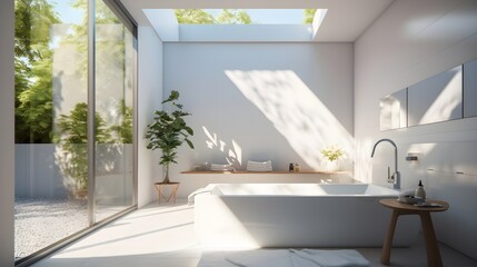 Modern bathroom designs often focus on creating an open and airy feel. Large windows, Generative AI.