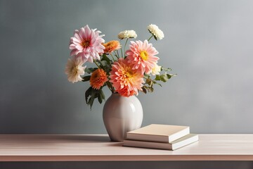 flowers in vase on wooden table with books