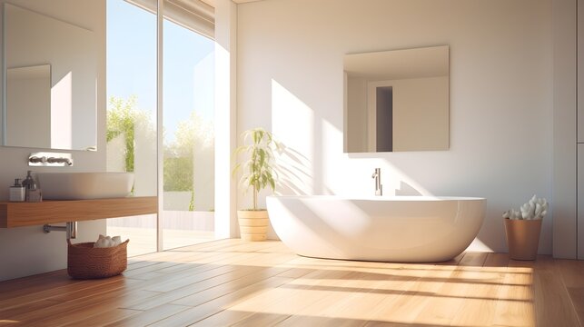 Modern home bathroom interior design with white bathtub and sink, wooden floor glass wall, Generative AI.