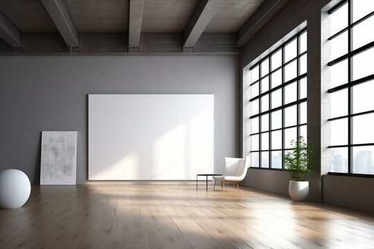 White Poster, Logo Space, Dark Wall, Spacious Office, Eco Interior, Wooden Floor, Loft Ceiling, Big Window. 3D Rendering, Mock-up. Generative AI