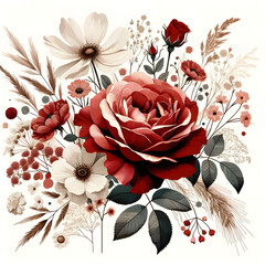 Vectorized watercolor painting capturing the essence of a red Rosa in full bloom. The image is surrounded by a mix of wildflowers