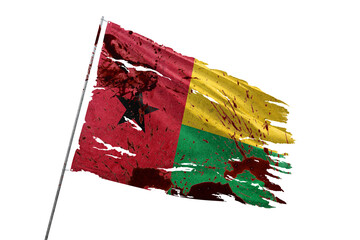 Guinea-Bissau torn flag on transparent background with blood stains.