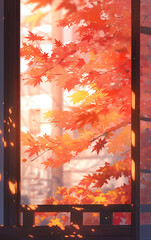 a window with a view of autumn leaves