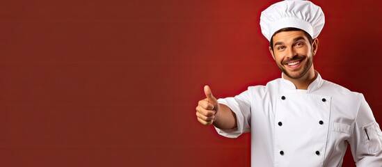 Excited chef in uniform pointing at cabinet