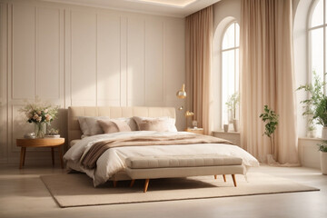 An exquisite bedroom, adorned with lavish furnishings, muted color schemes, and tasteful decor, epitomizing timeless elegance and serene comfort.