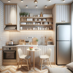 Actual photograph of a basic kitchen setup with essential appliances, a tiled backsplash, and a small dining area with two chairs