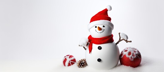 Snowman decorated for Christmas and New Year festivities wearing a cap and mittens holding a baseball bat Celebrating winter holidays with active sports