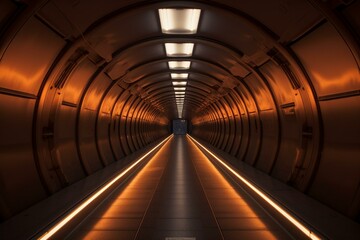 a tunnel with a bright end and a row of lights extending towards the exit. Generative AI