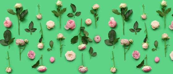Many beautiful roses on green background. Pattern for design