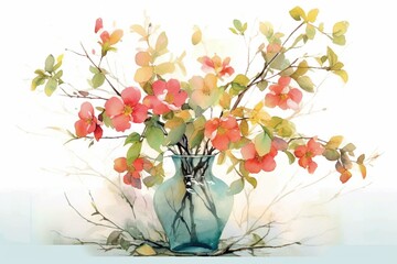 Flower branch in vase, vintage floral card, watercolor style. Generative AI