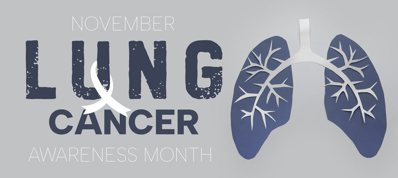 Paper human lungs on grey background. Banner for Lungs Cancer Awareness Month