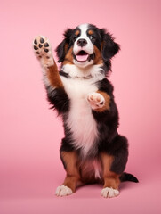 small cute Sennenhund puppy on a pink background