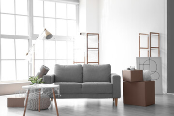Cardboard boxes with stretch wrap and furniture in living room on moving day
