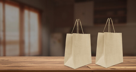 Product packaging paper bag mockup, empty paper bag on wooden table in home