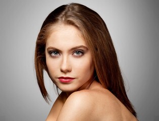 Naklejka premium Young happy woman model with natural skincare.