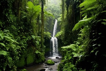 Waterfall amidst lush greenery in a tropical rainforest. Generative AI - obrazy, fototapety, plakaty
