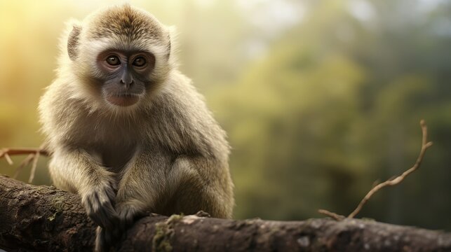 A portrait of monkey holding on branch blurred background. AI generated image