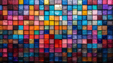 A vibrant mosaic of colorful tiles covering a wall