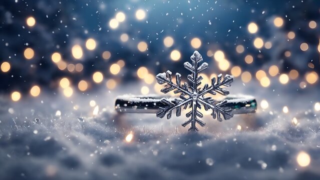 Sparkling Snowflake Elegant Ring With Shimmering Diamonds, magical snow scene with bokeh, Perfect for Winter, Holiday Season, New Year and wedding theme